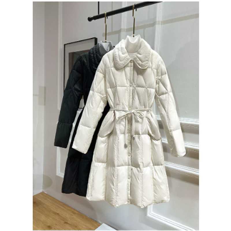 Winter Women Vintage Solid Sash Tie Up Down Long Jackets Office Lady Elegant Warm White Duck Down Windbreak Coats 210819