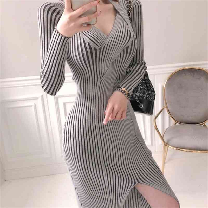 Autumn Winter Women Sexy V-Neck Knitted Dresses Elegant Bottoming Knit Soft Warm Stripe Sweater Slim Slit Vestidos 210519