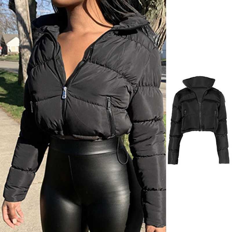 Women Long Sleeve Puffer Jacket Zip Up Solid Color Drawstring Hem Cropped Coat 210909