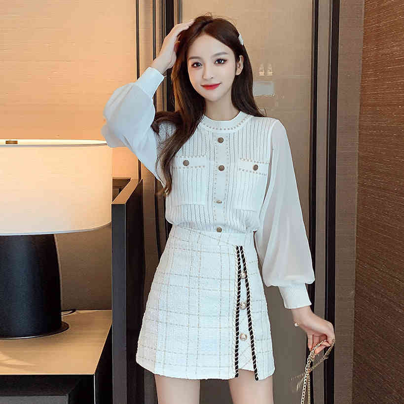 Two Piece Dress Fashion western style age-reducing spring suit knit top and hip skirt two-piece women's clothing 77CI
