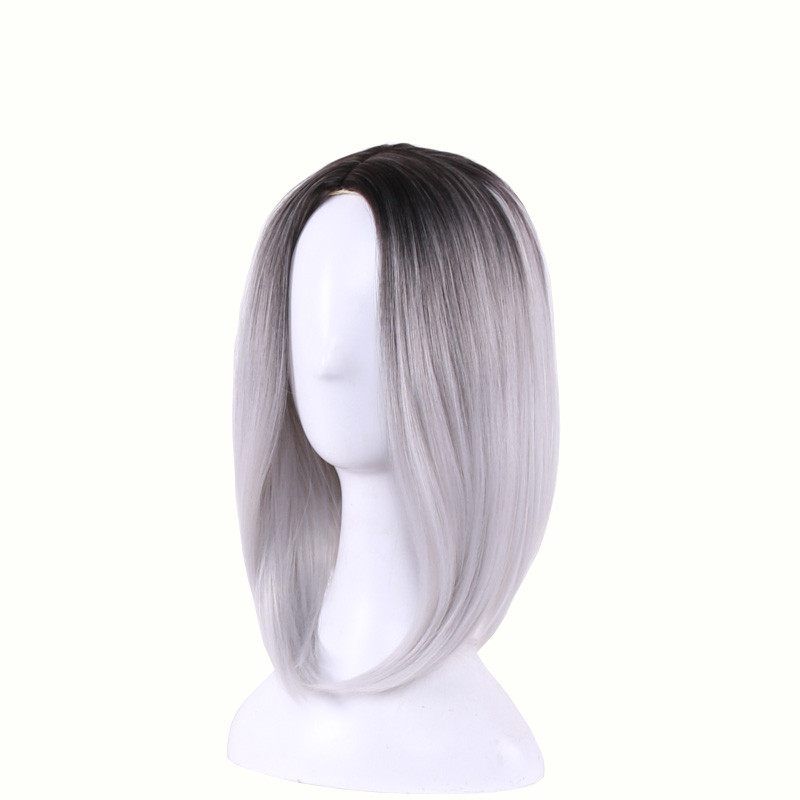 medium length straight hair wig heat resistant bob wigs lolita cosplay women synthetic wigs ombre black green gray pink purple