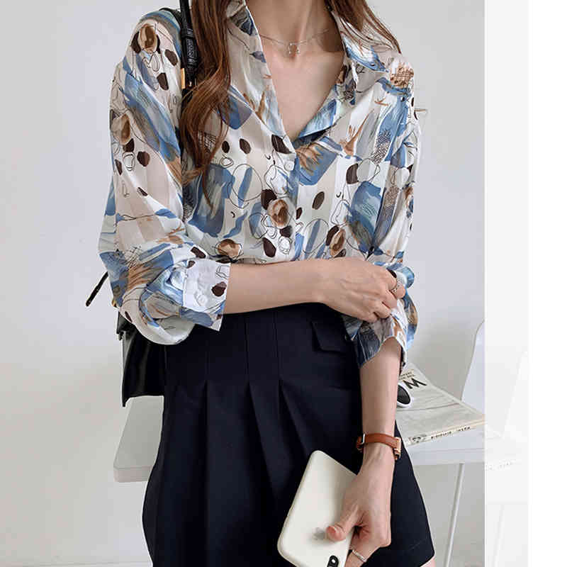Autumn Plus Size Shirt for Women Ladies Tops Clothes Long Sleeve Vintage Printed Chiffon Cotton Casual Cardigan 10288 210427