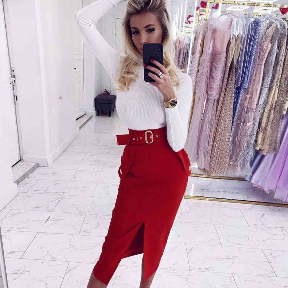 Summer Women White Knitted Pencil Belt Bandage Skirt Sexy Knee Length Buttons Celebrity Evening Party Club Skirts 210423