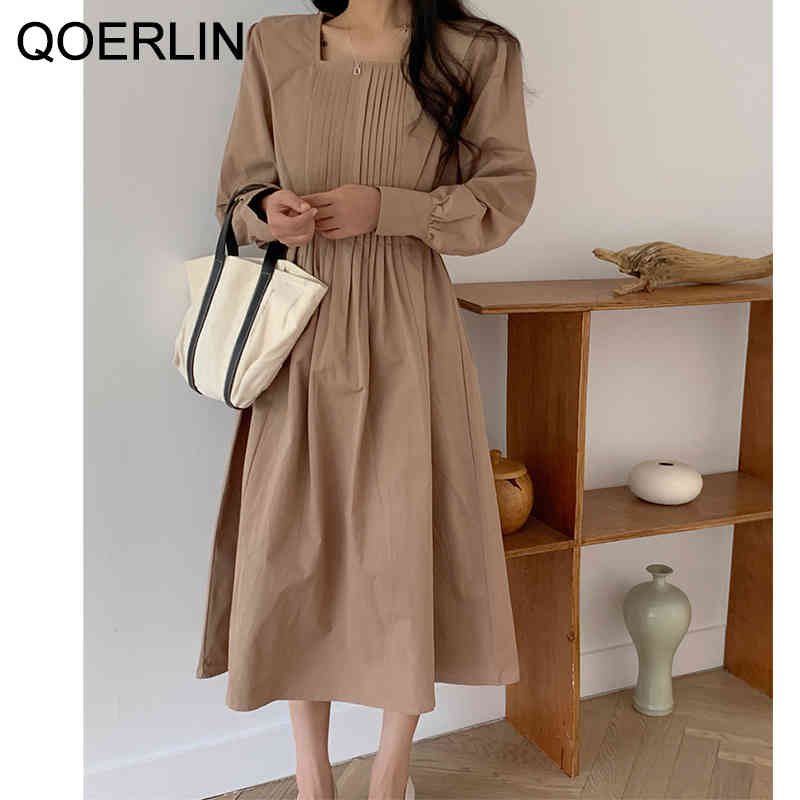 QOERLIN Minimalist Korean Retro Temperament Square Collar Long Sleeve Pleated LaceUp High Waist Dress Office Elegant Maxi Dress 210412