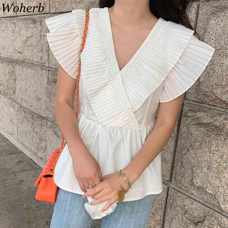 Ruffle Patchwork Flying Sleeve Shirt Lady OL Brief Chic Blouse Stylish Femme All Match White Shirts Sexy Streetwear 210519