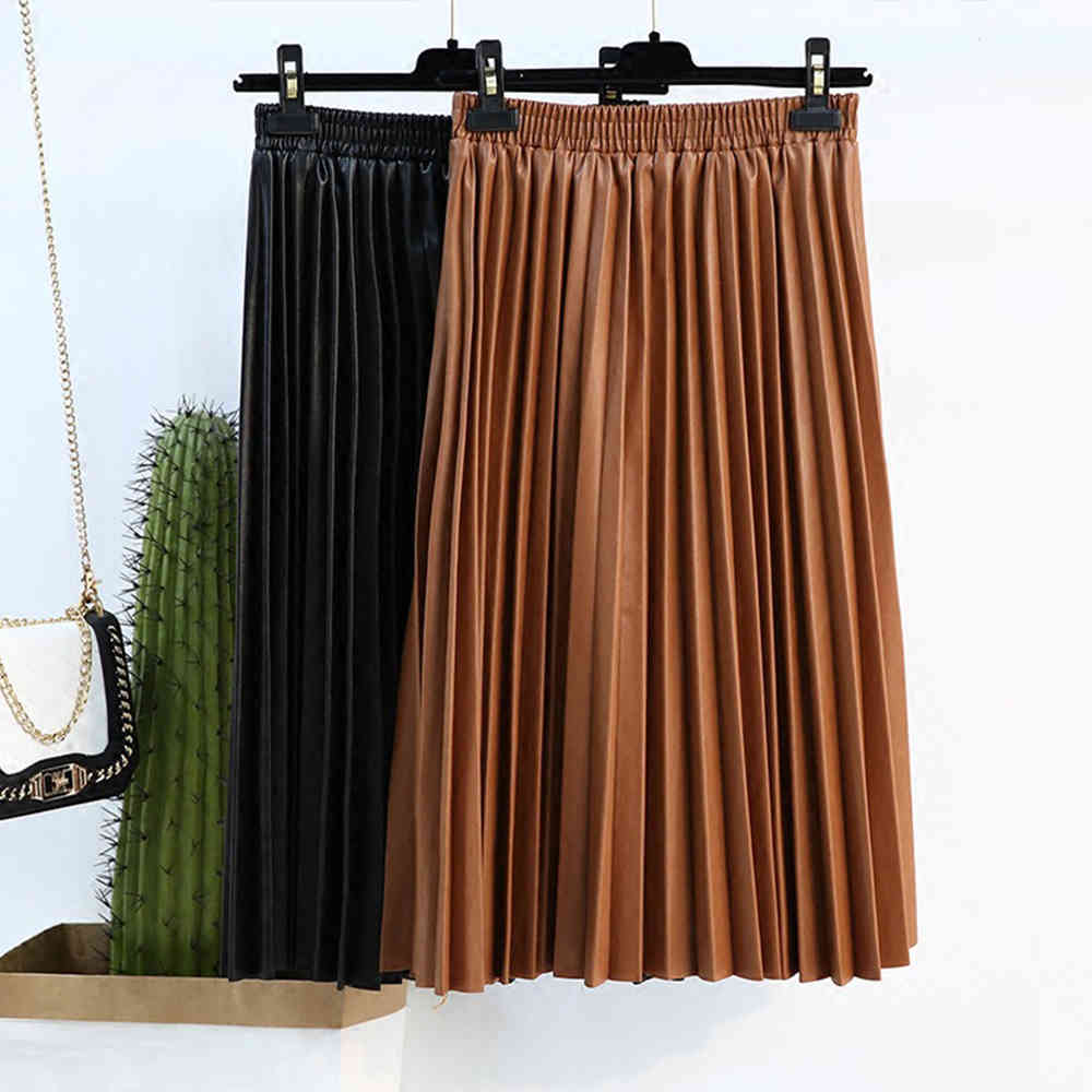 Women Autumn PU Leather Pleated Skirt Elastic High Waist All-match Female Skirts Streetwear Chic Womens Bottoms 210428
