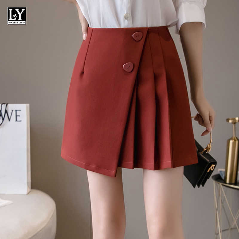 LY VAREY LIN Summer Women Solid Color Ruffles Button Ins Pleated Short Skirts High Waist Asymmetrical Mini Skirt Female 210526