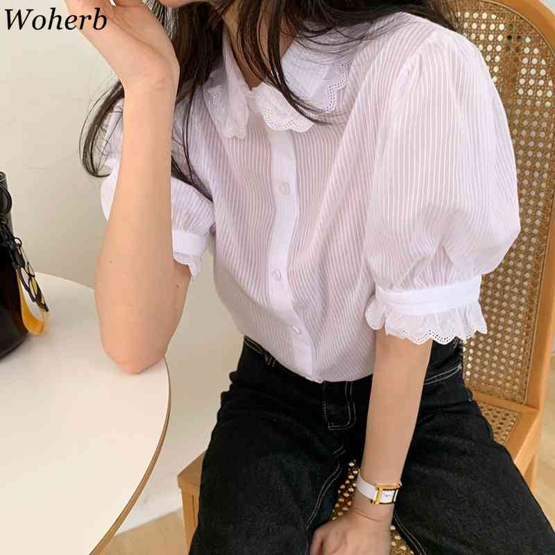 Blusas Striped Lace Tops Women Sweet Kawaii Spring Summer Short Puff Sleeve Blouses Casual All Match Fashion Shirts 210519