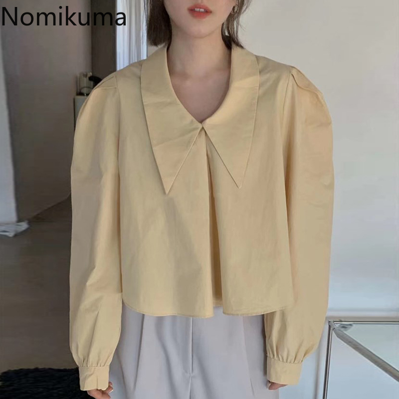 Nomikuma Causal Short Women Doll Shirt Puff Long Sleeve Peter Pan Collar Top Blouse Spring Ropa Para Mujeres De Moda 6E763 210427