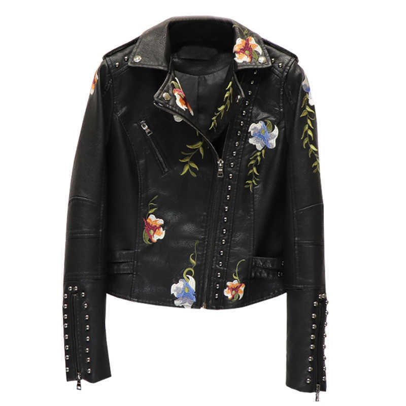 LY VAREY LIN Spring Women Floral Print Embroidery Faux Leather Jacket Turn-down Collar Pu Motorcycle Black Punk Outerwear 210526