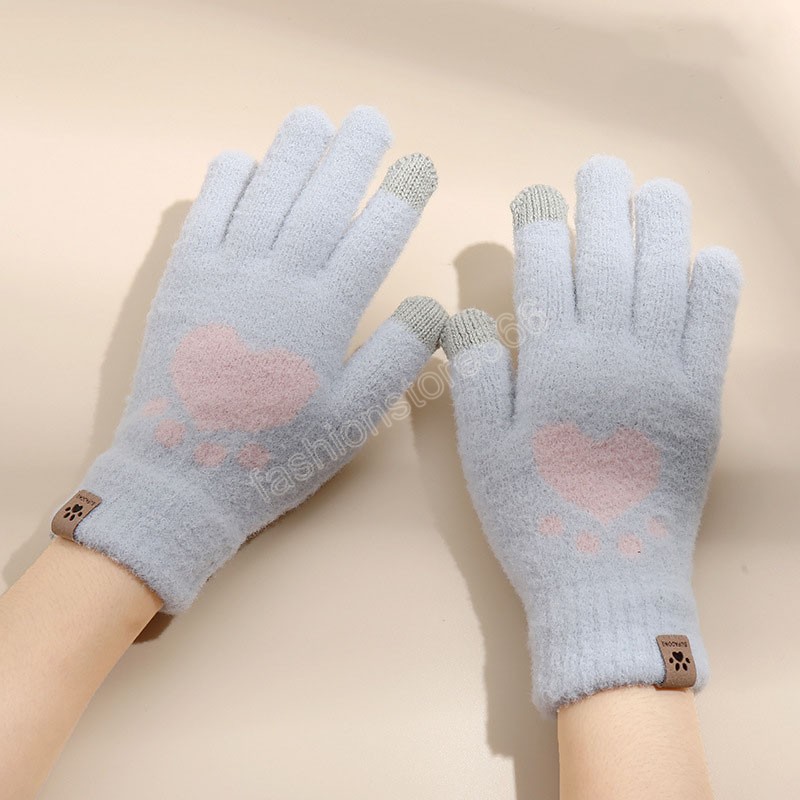 Winter Warm Soft Women Touch Screen Gloves Sweet Heart Print Fuzzy Full Fingers Gloves Cute Kawaii Female Knit Mittens