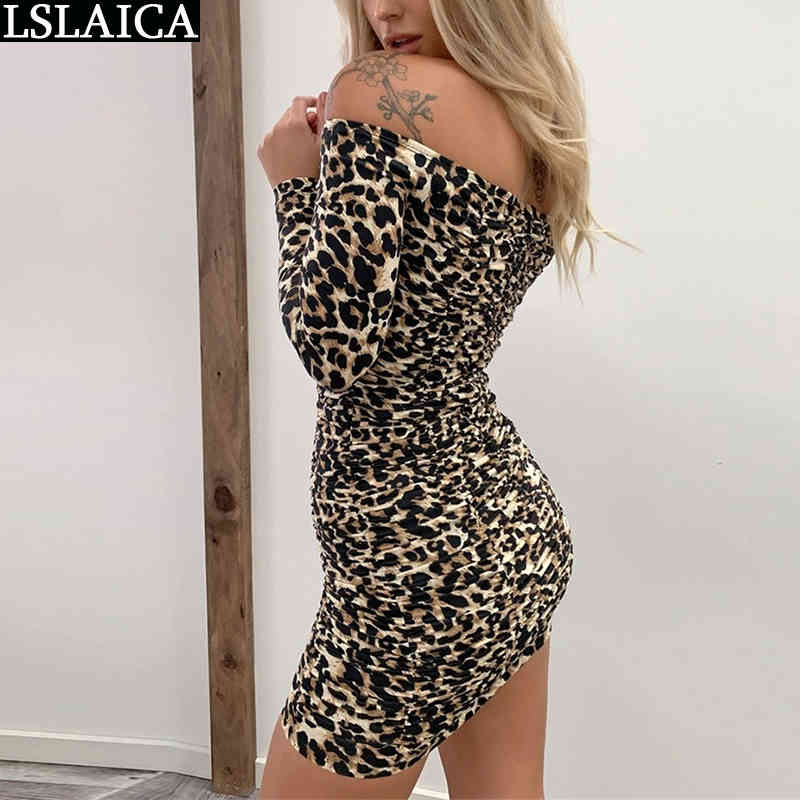Leopard Dress Women Long Sleeve Slash Neck Off Shoulder Sexy High Waist Party Clubwear Mini Elegance es For 210515