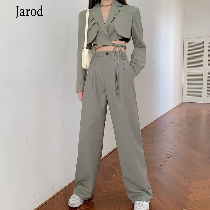 Spring Womens Outfits Ladies Office Notched Collar Long Sleeve Sexy Short Coat + High Waist Wide Leg Long Pants 2 Piece Sets 210518