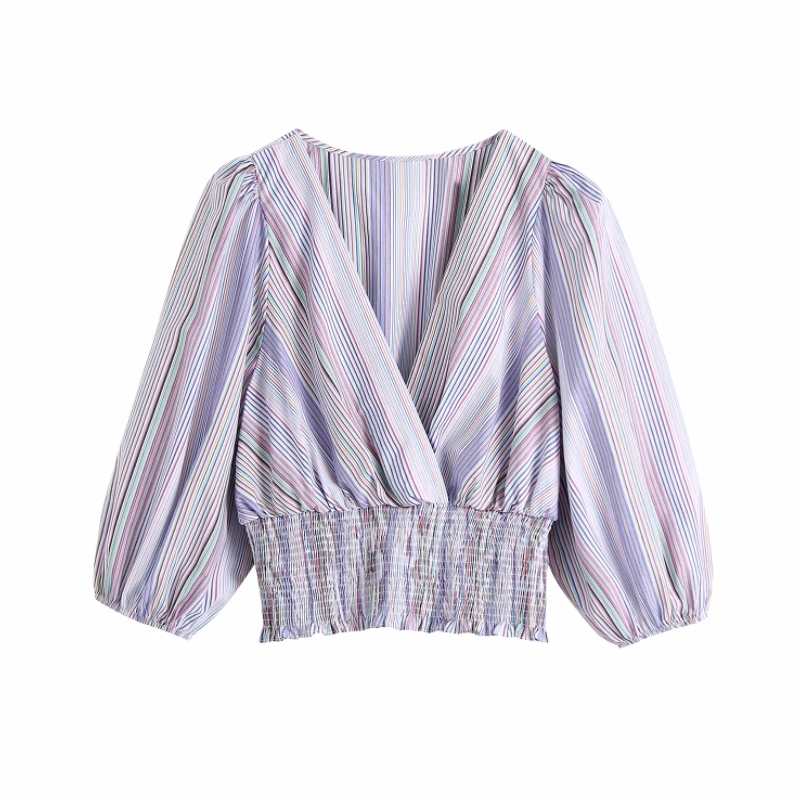 Summer Women V Neck Elastic Waist Striped Short Blouse Female Lantern Sleeve Smock Shirt Casual Lady Loose Tops Blusas S8806 210430