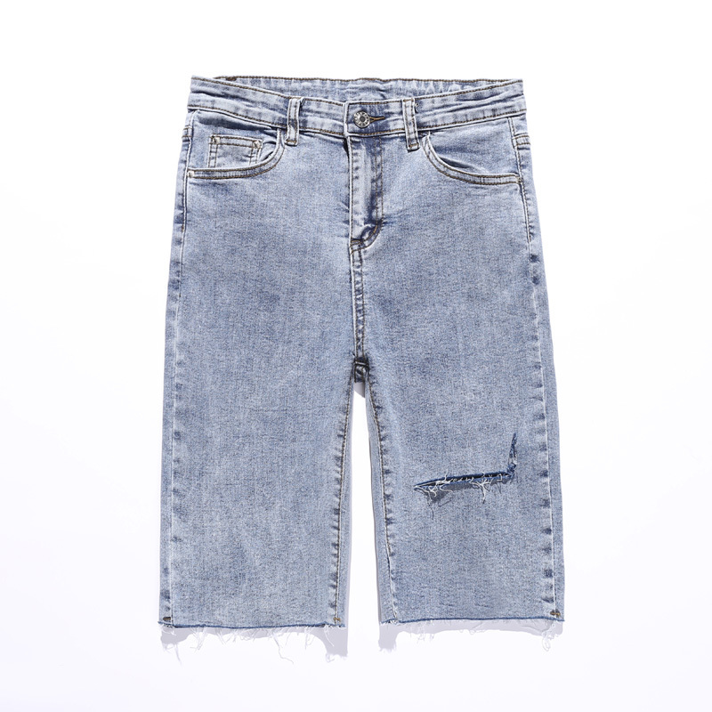 Summer Blue Denim Shorts Streetwear Elastic Jeans Women Ripped for Skinny Lady Knee Length Pants Spodenki 10420 210508