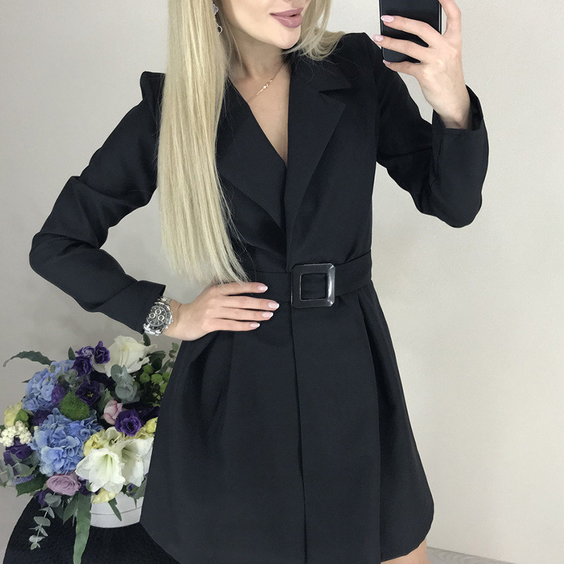 Women Dress Notched Long Sleeve Blazer Temperament Short Ladies es With Belt Girl Fashion es Autumn 210513