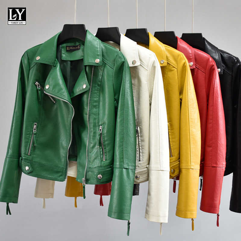 LY VAREY LIN Spring Autumn Women Biker Jacket Pu Faux Soft Leather Motorcycle Zipper Streetwear Multicolor Female Coats 210526