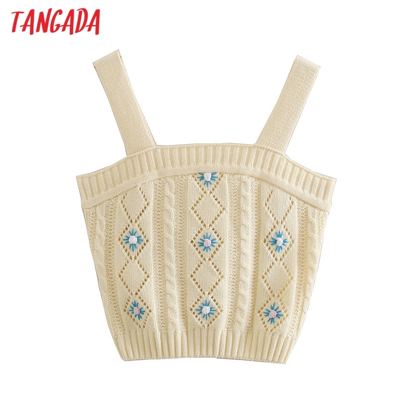 Women Floral Embroidery Tank Top Sleeveless Backless Female Hollow Out Knit Tops 3N18 210416