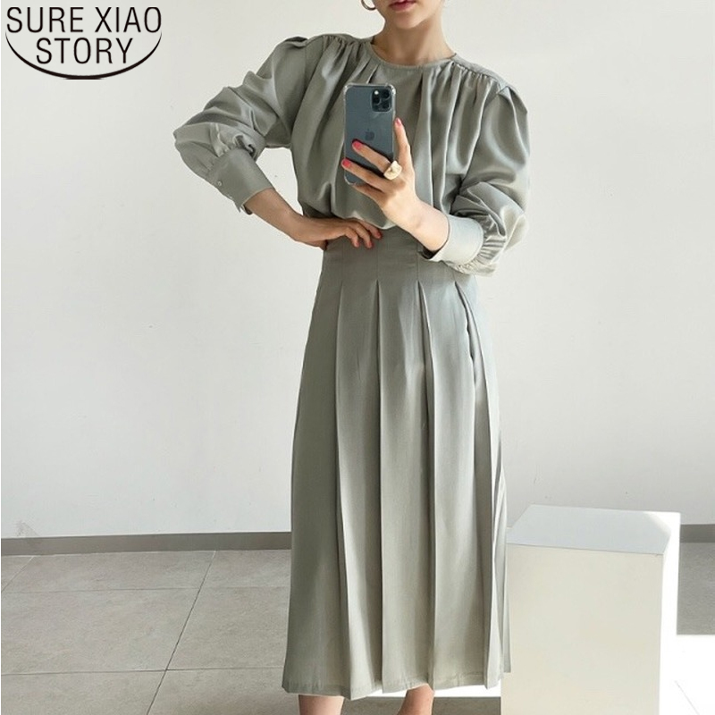 Causal Women Tops Solid Green Blouse Plus Size Loose Clothing Fashion Round Collar Spring Long Sleeve Shirt Vintage 13353 210506