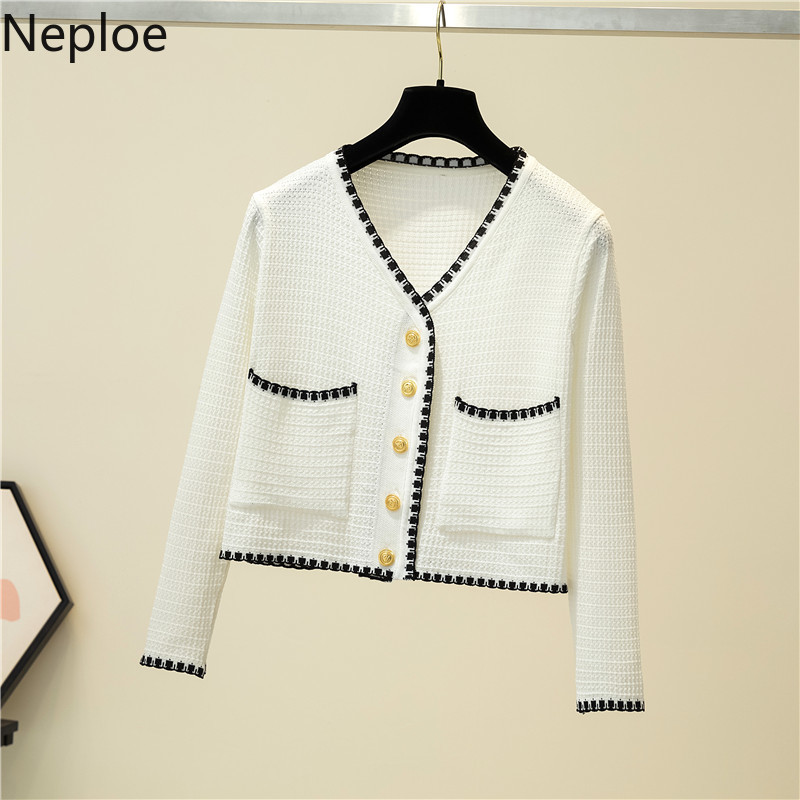 Neploe Woman Jacket Korean Chic Knitted Cardigan Temperament Slim Fit Thin Tops V-neck Long Sleeve Short White Coat Femme 95082 210422