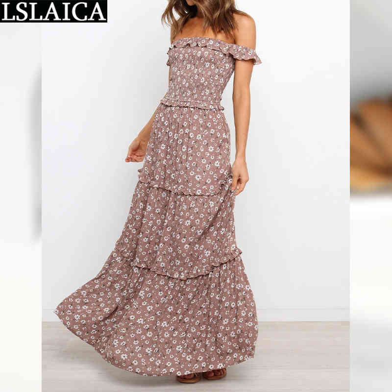 Wholesale Woman Dress Floral Print Fresh and Sweet Wrapped Breast Dresses for Women Holiday Beach Slash Neck Vestido De Mujer 210515