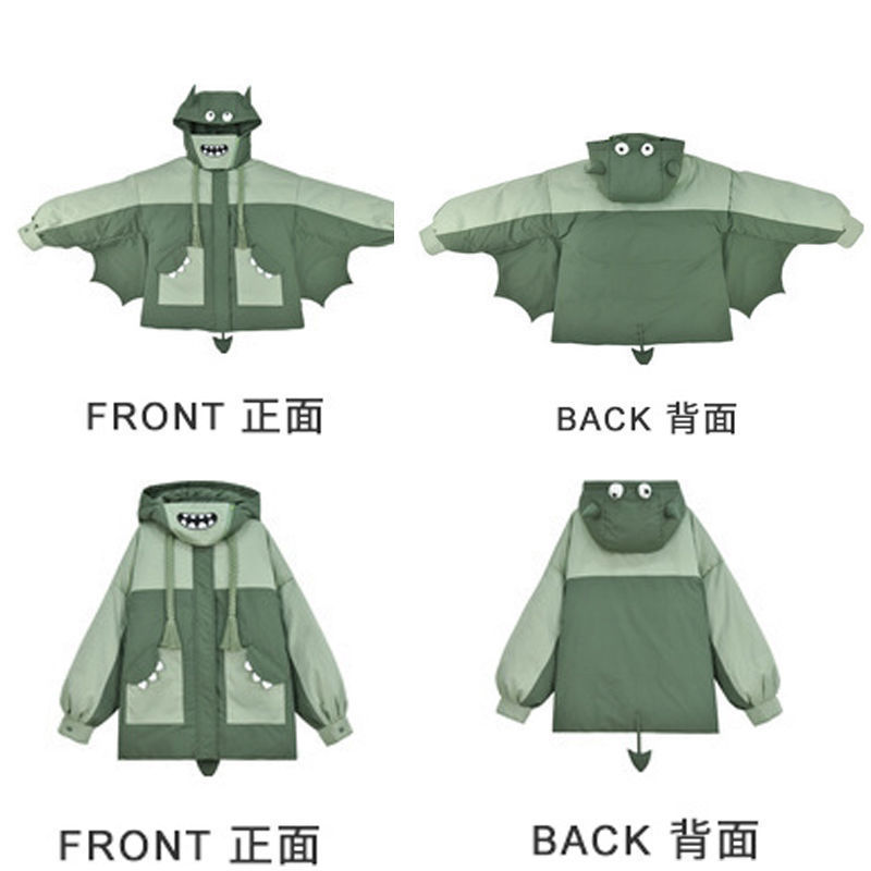 Kawaii Winter Padded Coat Funny Monster Hooded Parkas Harajuku Puffer Jacket Streetwear Bawting Sleeve Parka Jackets 210422