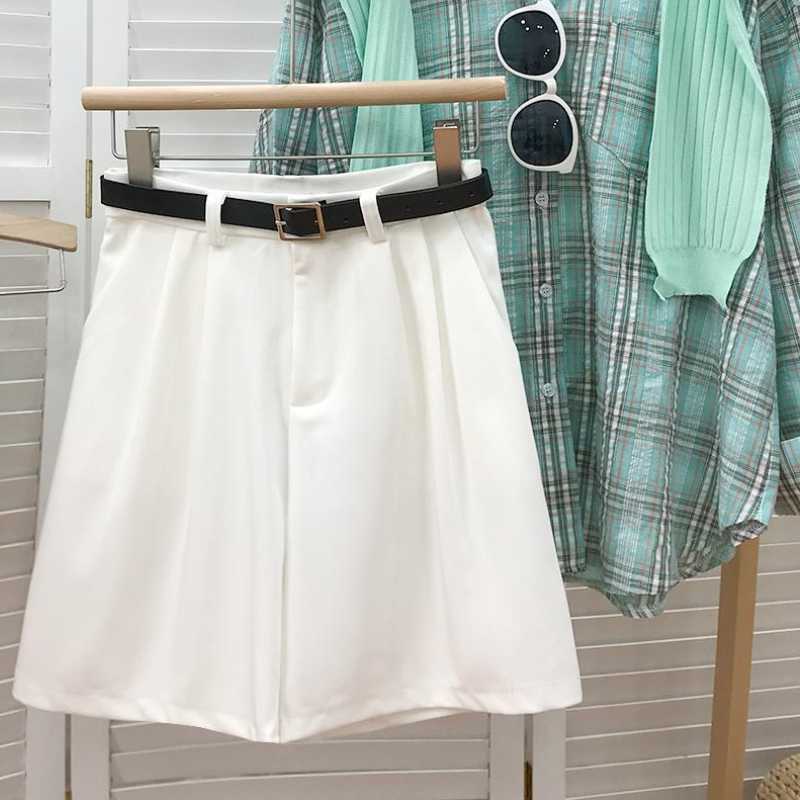 Summer Suit Shorts for Women Korean Belt High Waist Bottoms Causal Solid Wide Leg Short Feminimos 6J050 210603