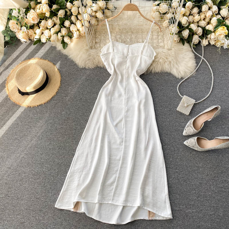 White High Waist Spaghetti Strap Women Vestidos Beach Style Square Collar Korean Dress Slim Bodycon Sexy Femme Robe 28161 210519