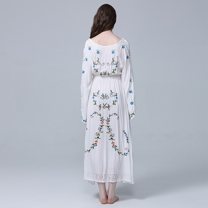 Arrival Floral Embroidery White Bohemian Dress Female Colorful Three-Dimensional Long Dresses Vestidos 210520