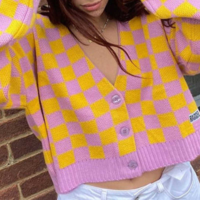 Women's Sweater Cardigan Knitted V-neck Argyle Long Sleeve Single Breasted Short Sweaters Female Autumn Winter Sweet Cardigans 211018