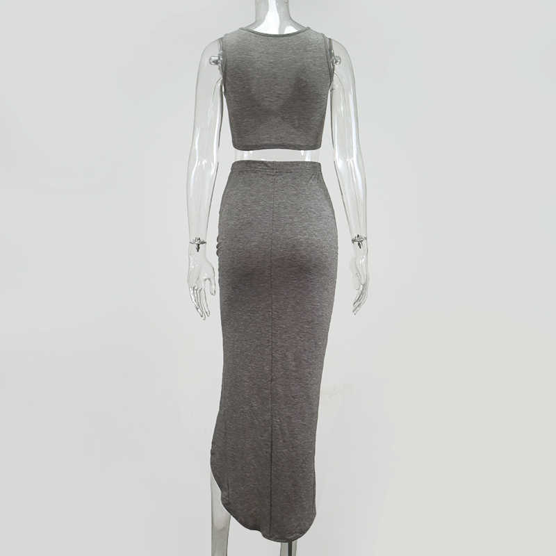 Colysmo Summer Long Skirts Sets Women Sleeveless Crop Top Ruched Skirt Two Piece Set Gray Casual Club Outfits 210527