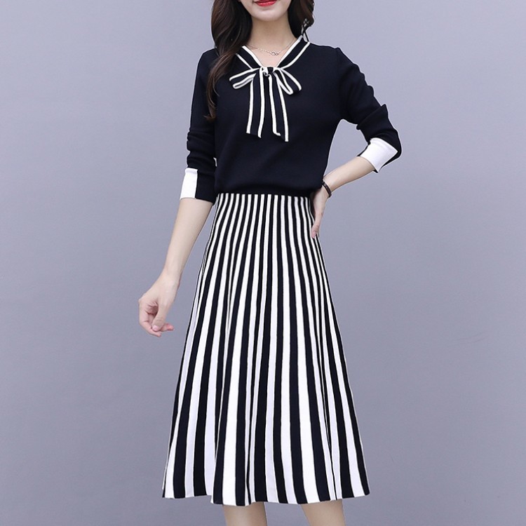 Autumn Two Piece Set Women Elegant Bow tie Knit Pullover Sweater Top + Stripe pleated Midi Skirt Suit 210519
