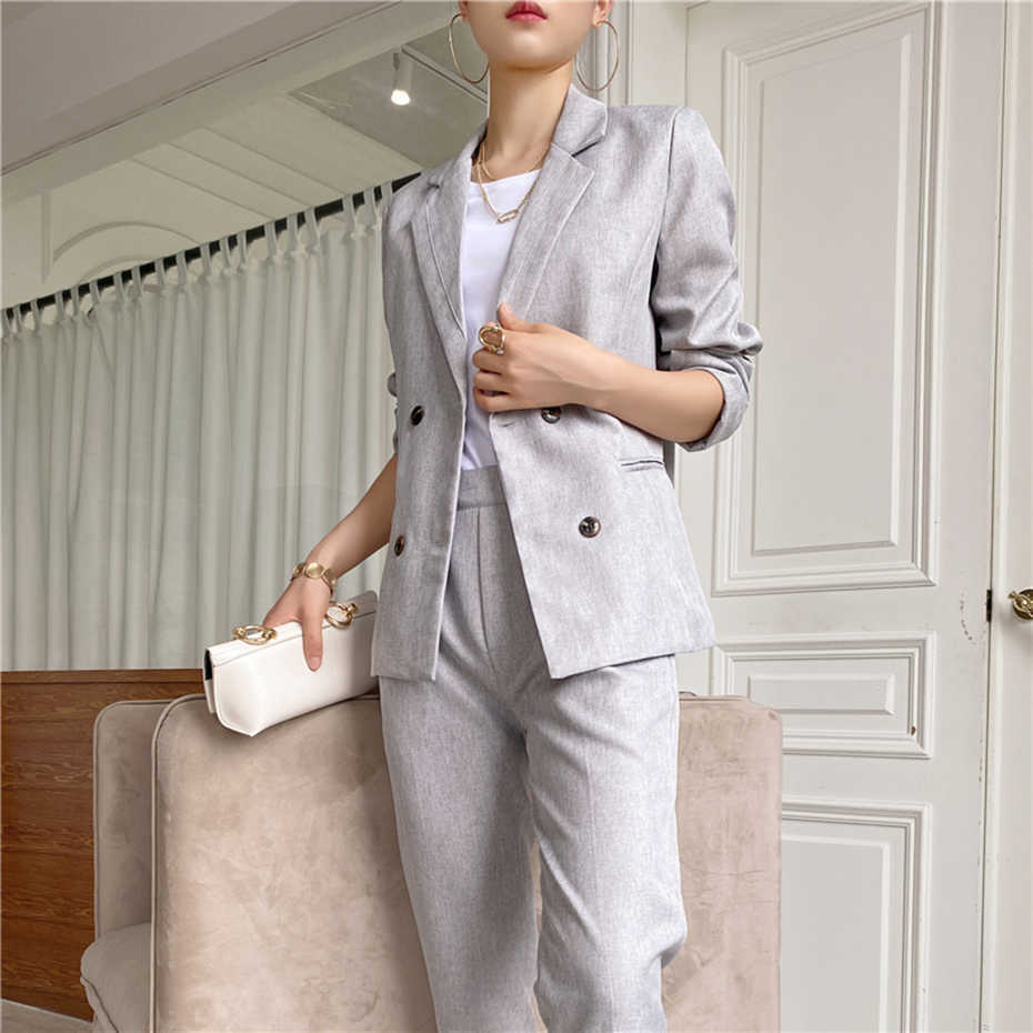 Fashion Elegant Women Blazer Suits Long Sleeve Double-breasted OL Pants Set Office Ladies Two-piece Sets 210601