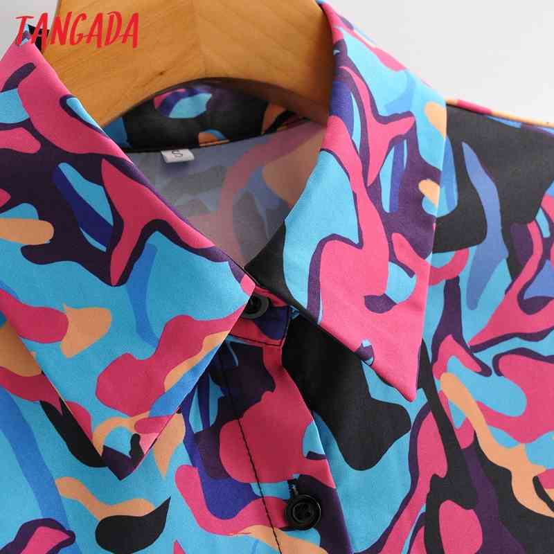 Women Retro High Street Print Chiffon Shirt Blouse Turn Down Collar Long Sleeve Chic Female Tops 1F183 210416