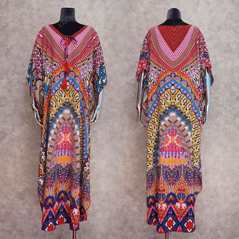 Quick-drying Bikini Cover-ups Bohemian Printed Summer Dress Kaftan Long Red Tunic Women Beach Wear Swim Suit Cover Up Q897 210420