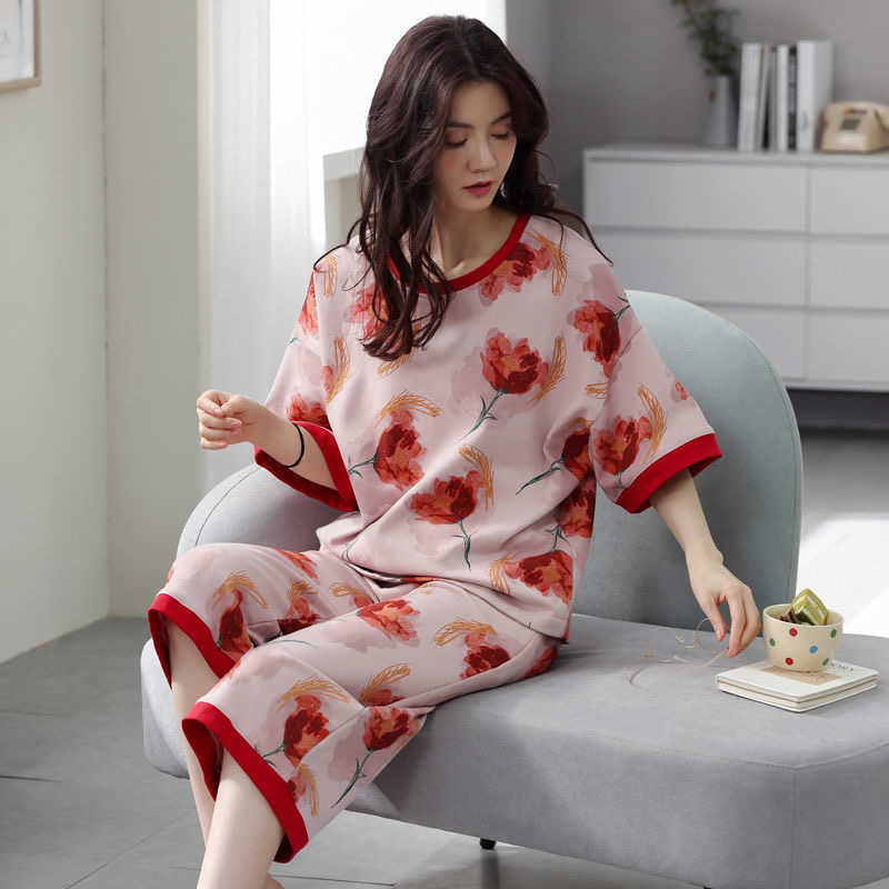 Large Size Short Suits 4XL 5XL Cotton Trousers for Female Homewear Ladies' Pyjamas Loose Home Clothes Set Sleepwear for Summer 210924