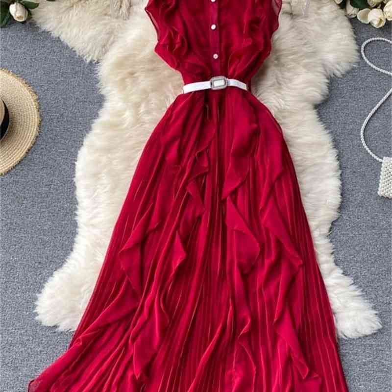 Neploe Seaside Holiday Dress Women Summer Robe Sweet Ruffles Slim Fit Vestidos Female Chiffon Pleated Elegant Maxi Dresses 95511 210422