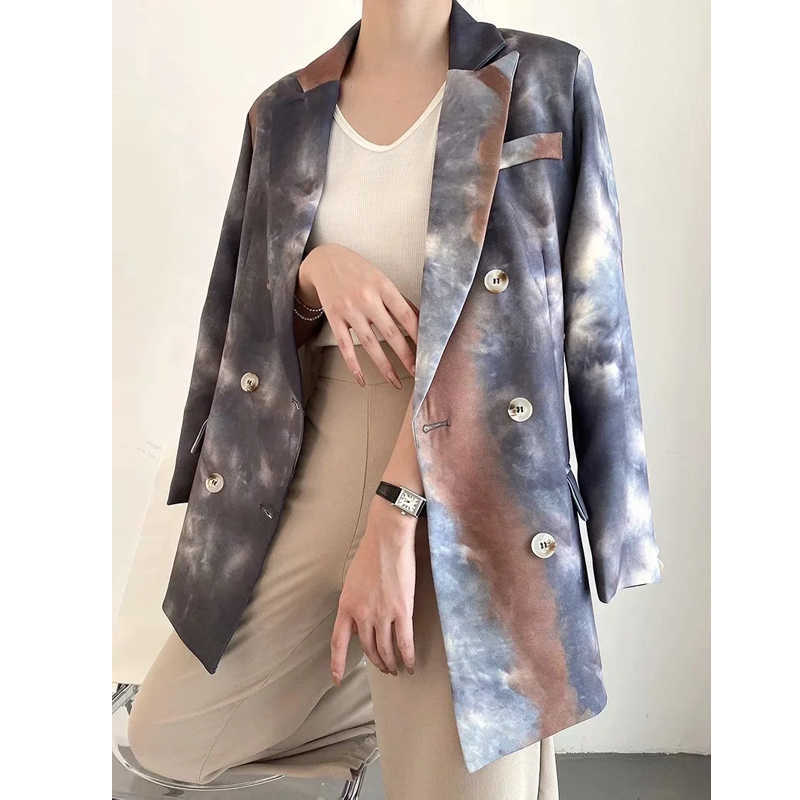 XITIMEAO Women Fashion Office Wear Retro Tie Dye Printed Suit Blazer Coat Vintage Pockets Female Outerwear Chic Tops 210602