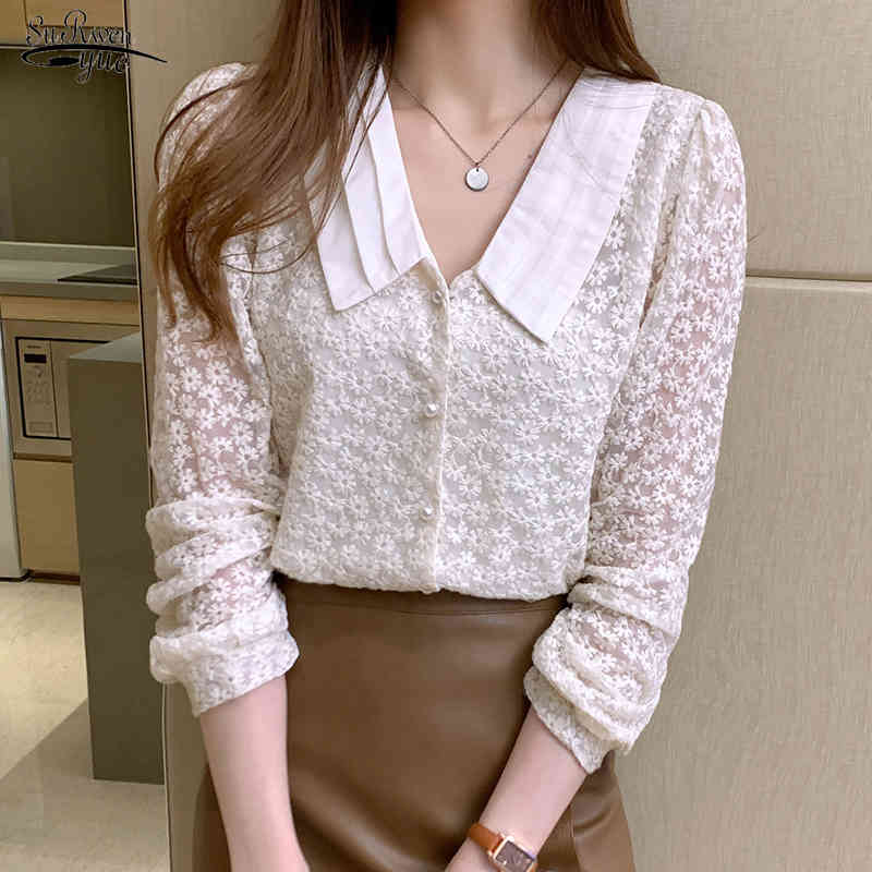 

Spring Chic Crochet Embroidery Floral Long Sleeve Tops Lace Blouse Women Fashion Doll Collar Lapel Splicing Shirt 13981 210521, Apricot