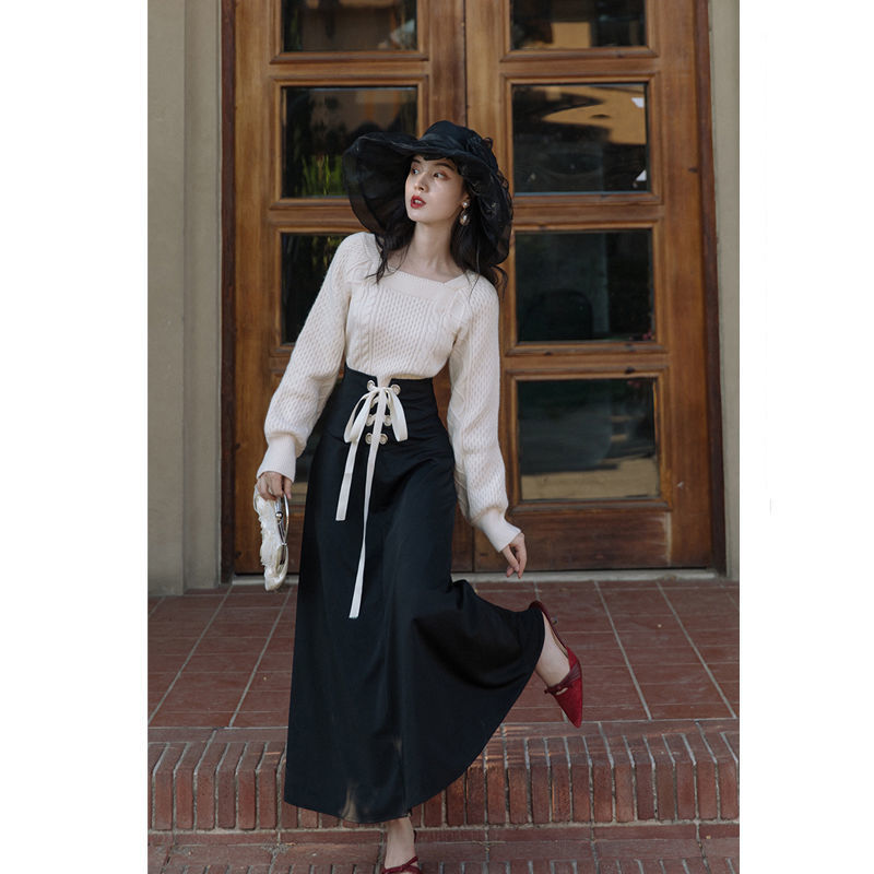 2 Piece Set Women French Elegant Suit Female Vintage Square Collar Knitted Sweater+ Bow Lace-Up Skirt Korean Winter Outfits 210521