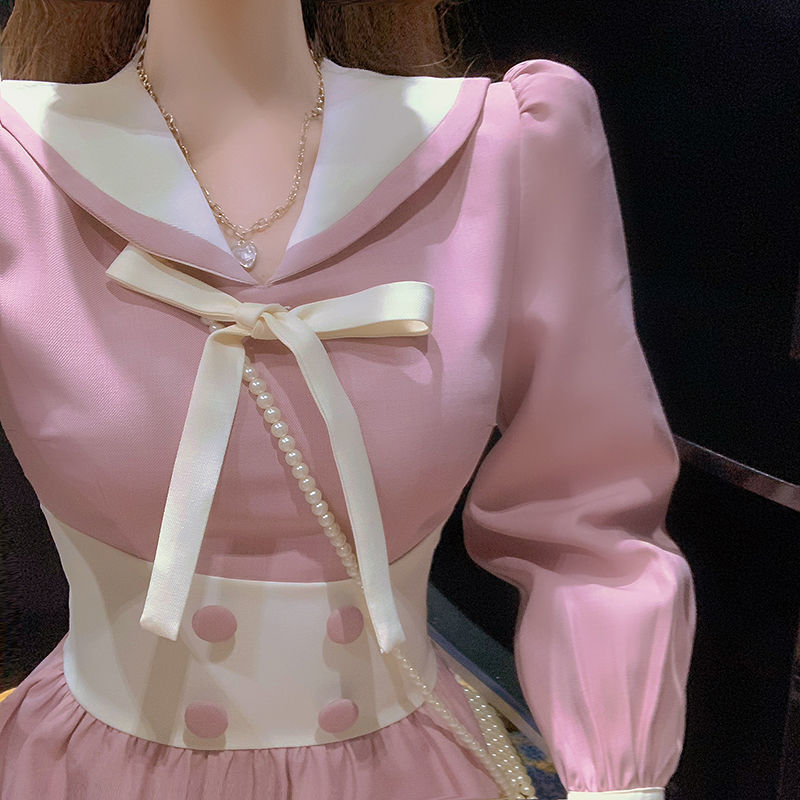 Spring Preppy Style Pink Kawaii Dress Women Sailor Collar Puff Sleeve Vintage Midi Dress Ladies Party Dress Korea 210521