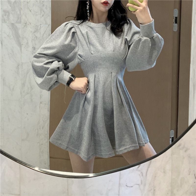 QWEEK Black Mini Dress Spring Fashion Korean Style Gothic Goth Wrap Long Sleeve Pleated Dress Casual Wrap Streetwear Women 210409
