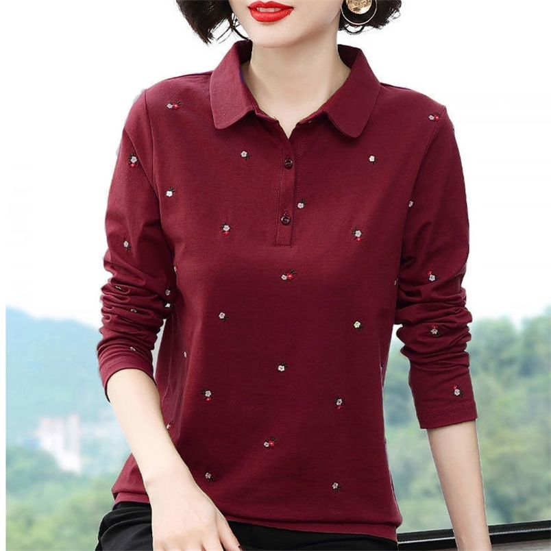 Cotton Long Sleeve T-shirts Women Spring Fashion Lapel Button Floret Embroidery Thin Polo Tshirt Ladies Loose Bottoming Tops 210522