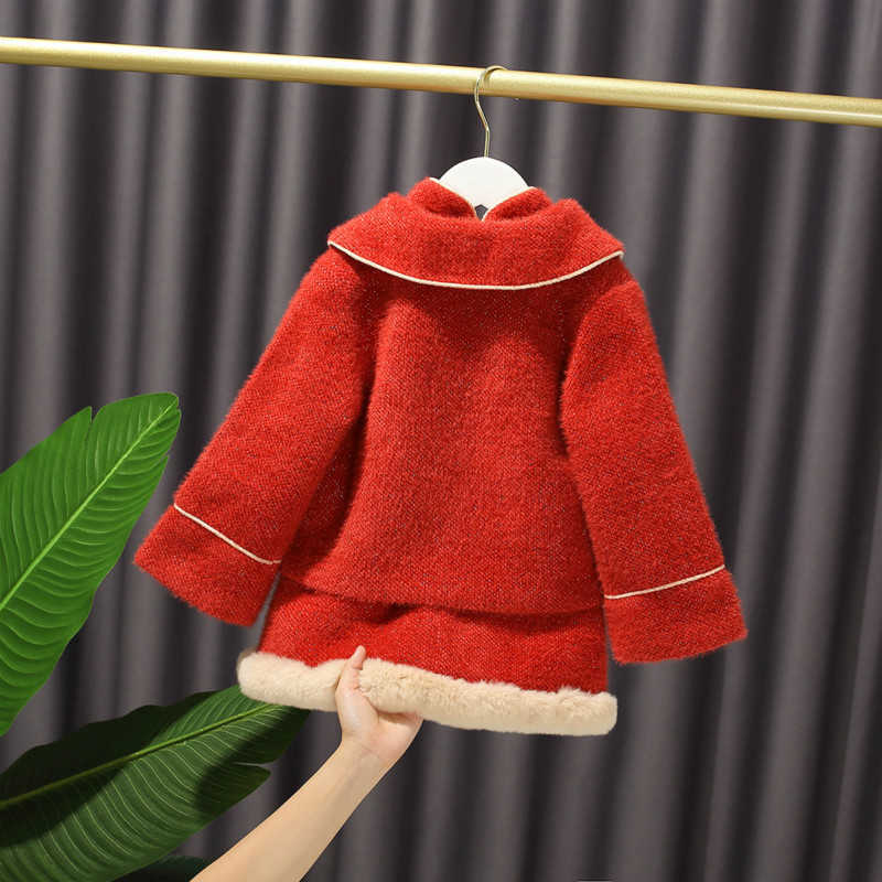 Girls Dress Sets Winter Vintage Children's Clothing Baby Chinese Tang Suits Toddler Kids Princess Vest Dress+Coat 2 Pieces 210529