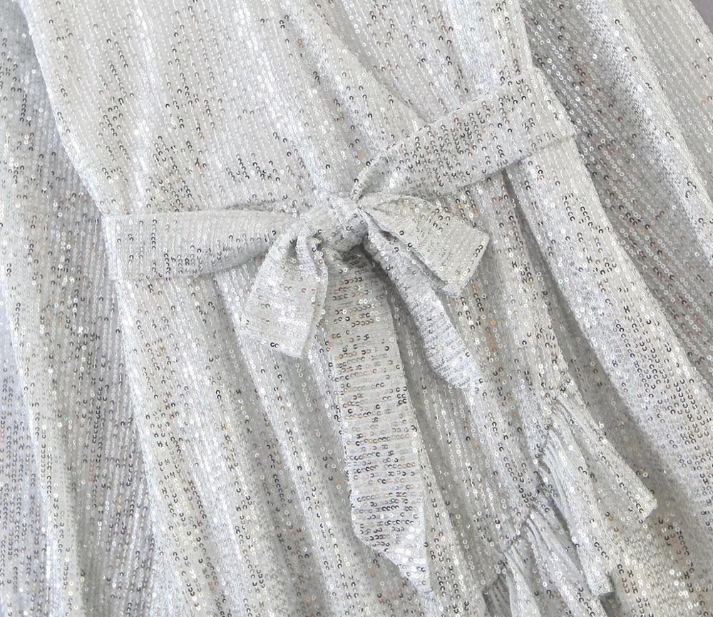 Autumn Ruffles Silver Sequins Wrap Dress Lacing up Waist Split Slim Fit Women Long sleeve Tea Dresses Bow Tide Vestido Party 210429