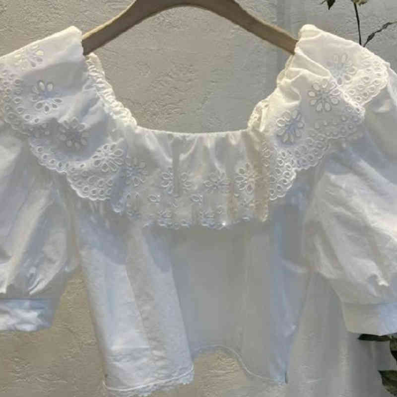 Nomikuma Women Shirts Blouses Lace Ruffle Square Collar Korean Floral Tops Puff Sleeve Summer Short Blusas Mujer Moda 6G669 210427