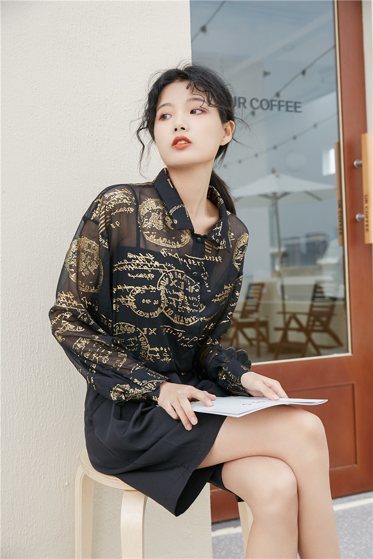 Vintage Gold Wash Chiffon Korean Blouse Long Sleeve Black Button Up Shirt Women Sheer Top Letter Print See Through 210427