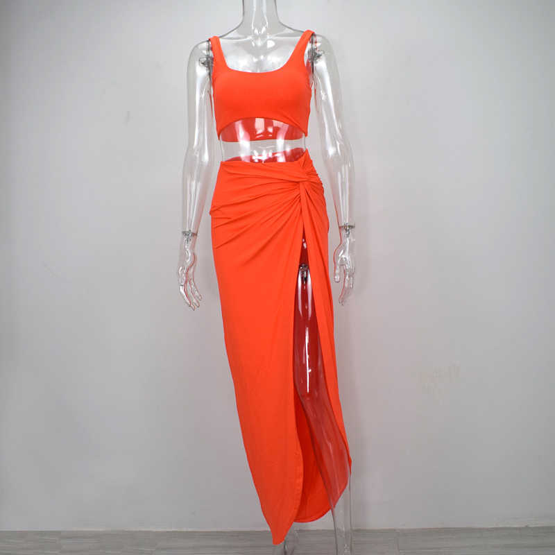 Colysmo Summer Two Piece Set Low Cut Vest Long Skirt Casual Beach Party 2 Women Hight Side Sexy Club Outfits 210527