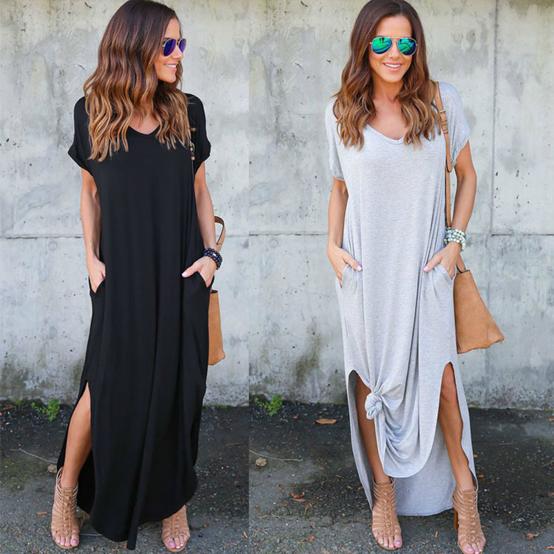 Tataria Women's Casual Loose Pocket Long Dress Short Sleeve es T Shirt Solid Color Vintage V-neck 210428