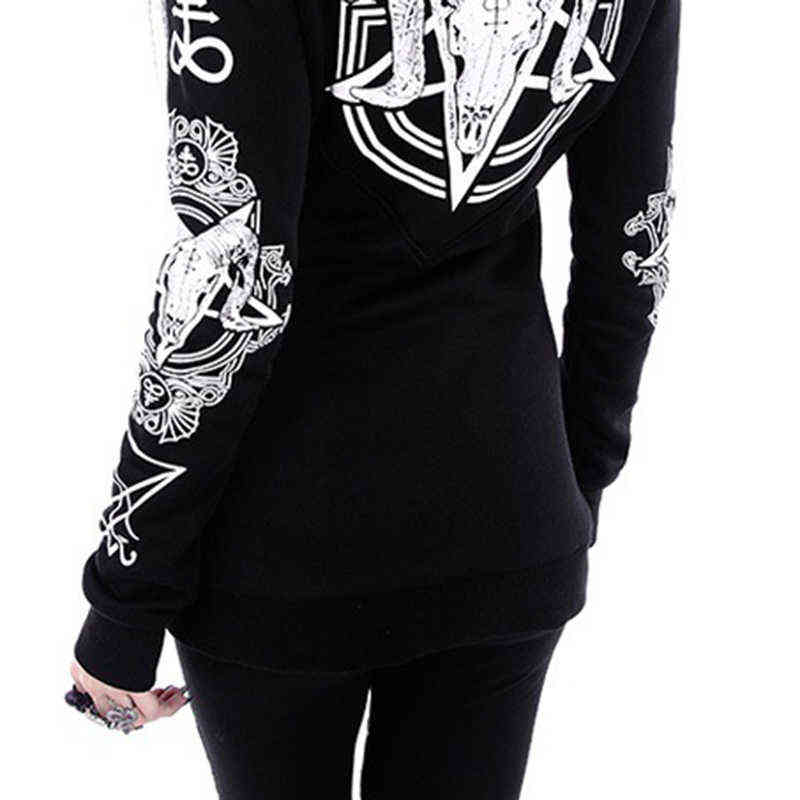 5XL Gothic Punk Print Hoodies Sweatshirts Women Long Sleeve Black Jacket Zipper Coat Autumn Winter Female Casual Hooded Tops 211108